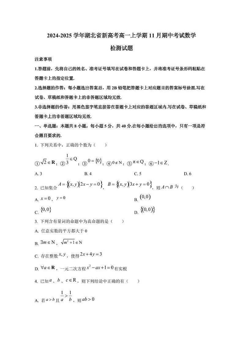 2024-2025学年湖北省新高考高一上学期11月期中考试数学检测试题第1页