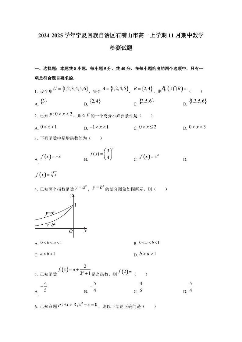 2024-2025学年宁夏回族自治区石嘴山市高一上学期11月期中数学检测试题第1页