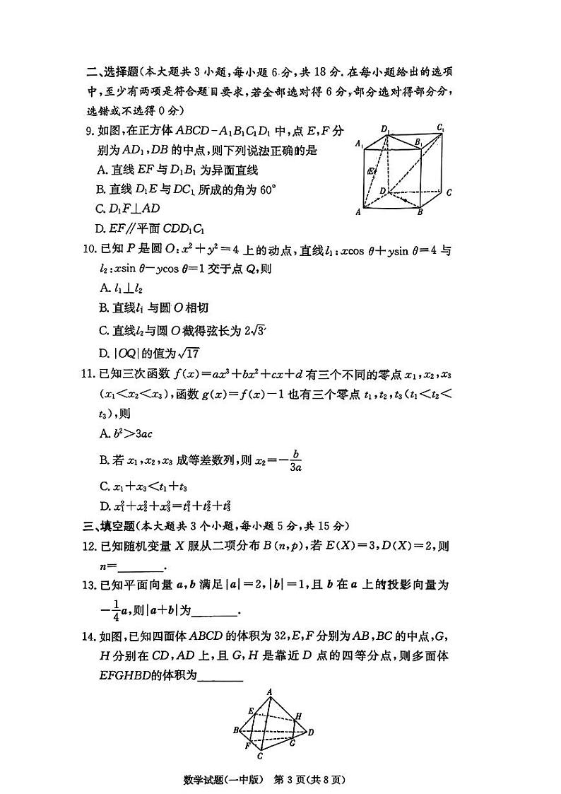 湖南省长沙市第一中学2024-2025学年高三上学期11月月考 数学试题第3页