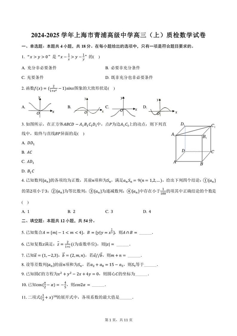 2024～2025学年上海市青浦高级中学高三(上)质检数学试卷(含答案)第1页