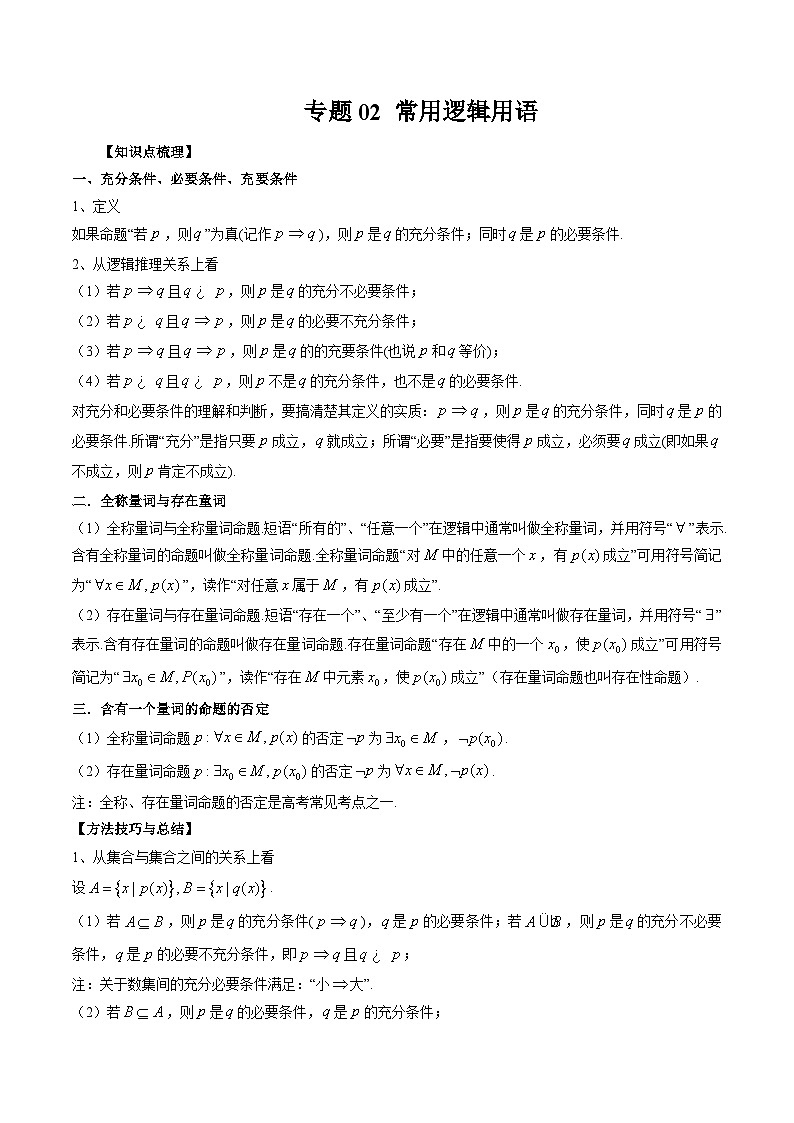 专题02 常用逻辑用语（原卷版）第1页