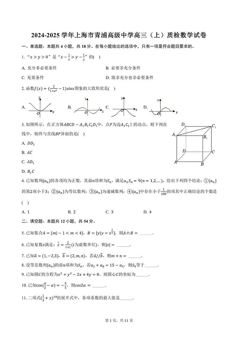 2024-2025学年上海市青浦高级中学高三（上）质检数学试卷（含答案）第1页