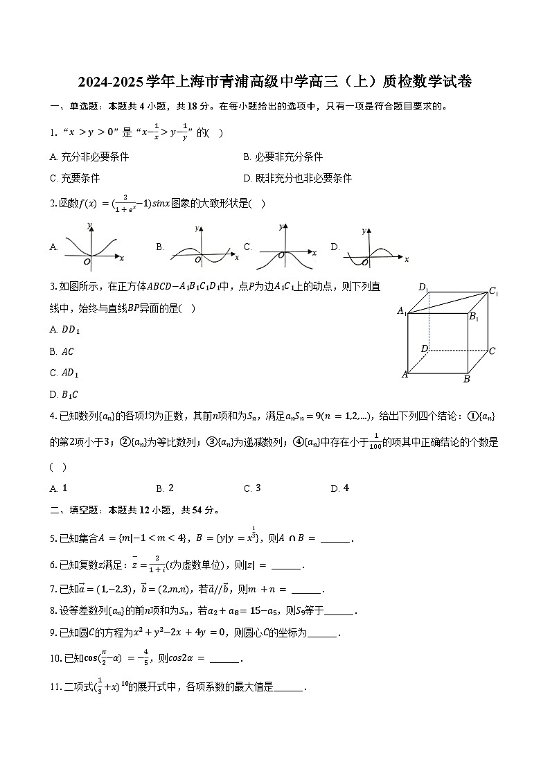 2024-2025学年上海市青浦高级中学高三（上）质检数学试卷（含答案）第1页