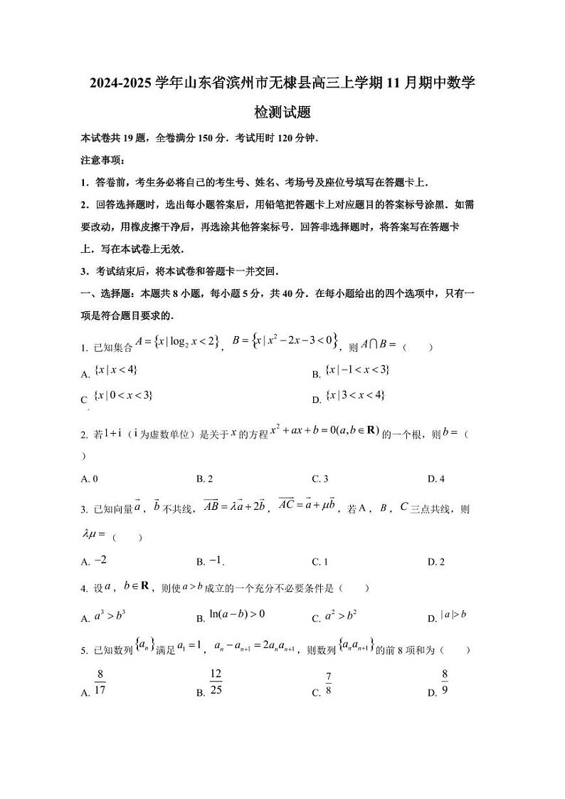 2024-2025学年山东省滨州市无棣县高三上学期11月期中考试数学检测试题第1页