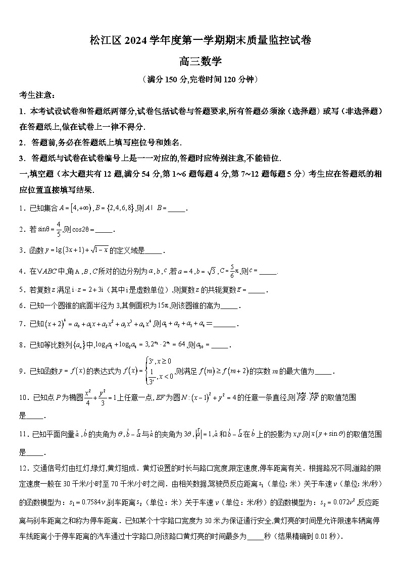2024-2025学年上海市松江区高三上学期高考一模数学试卷含详解第1页