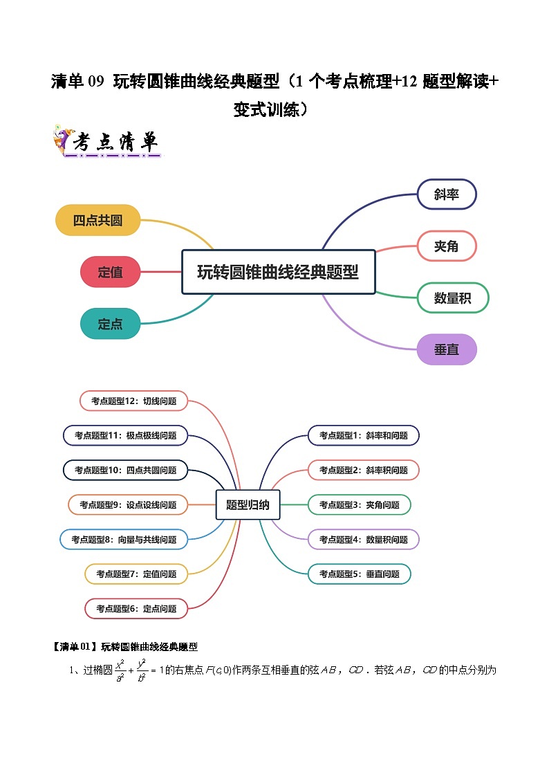 清单09 玩转圆锥曲线经典题型（清单 导图  考点  题型  变式 ）-2024-2025学年高二数学上学期期末考点（苏教版2019）（原卷版）第1页