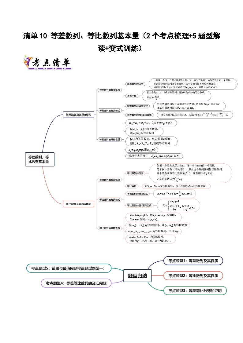 清单10 等差数列、等比数列基本量（清单 导图  考点  题型  变式 ）-2024-2025学年高二数学上学期期末考点（苏教版2019）（苏教版2019）（原卷版）第1页