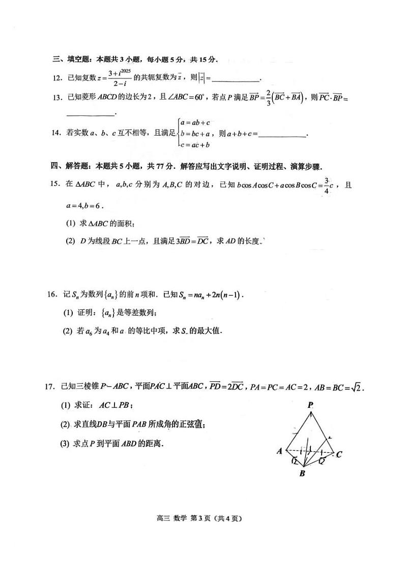 重庆市西南大学附中2025届上学期高三11月阶段性检测（二）-数学试题+答案第3页