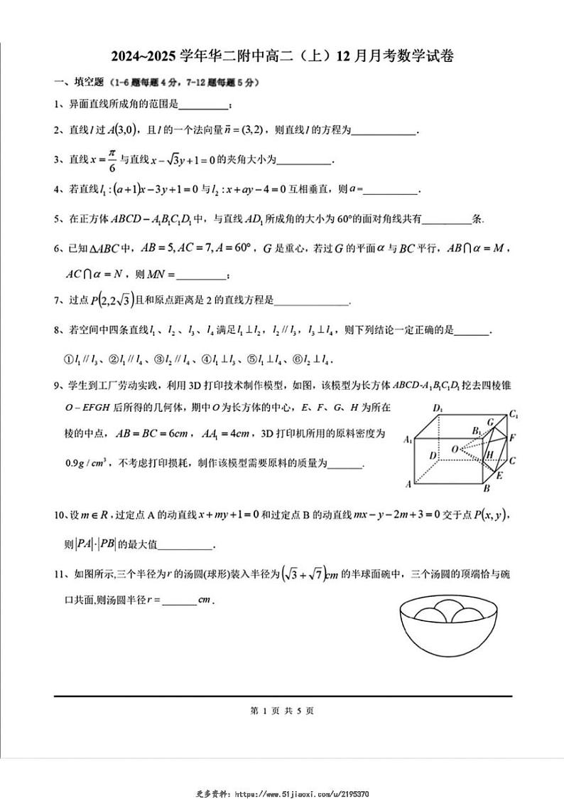 2024～2025学年上海市华东师范大学第二附属中学高二(上)12月月考数学试卷(含答案)第1页