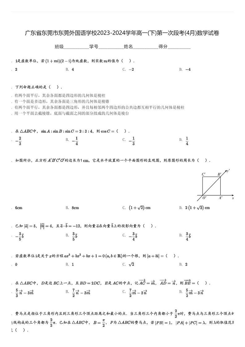 广东省东莞市东莞外国语学校2023-2024学年高一(下)第一次段考(4月)数学试卷(含解析)第1页