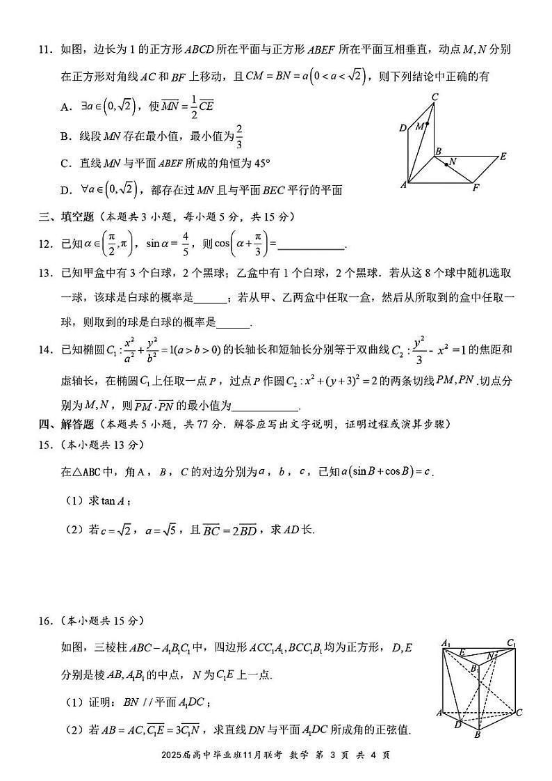 广西壮族自治区新课程教研联盟2025届高三上学期11月联考-数学试卷+答案第3页