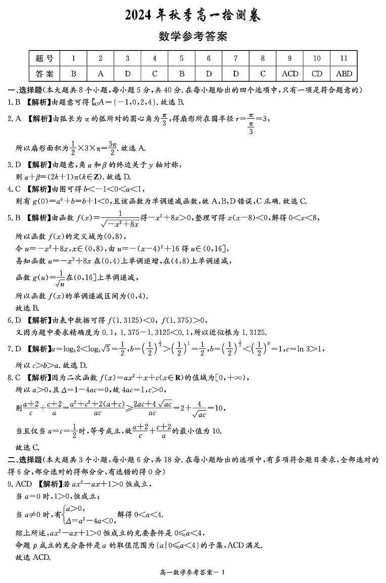 湖南省长郡十八校2024-2025学年高一上学期12月检测数学试题答案第1页