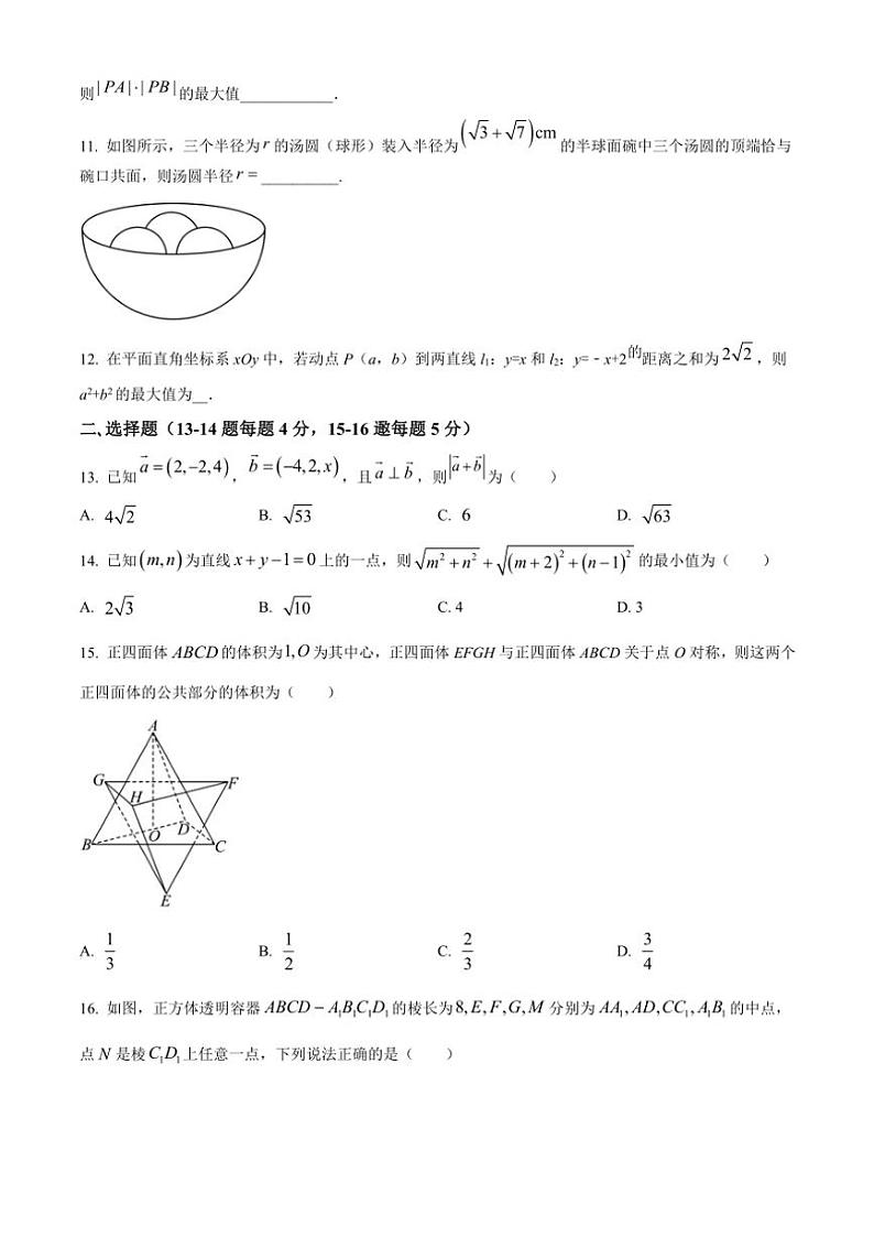 2024～2025学年上海市华东师范大学第二附属中学高二(上)12月阶段测试数学试卷(含答案)第2页
