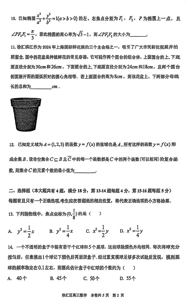 上海市徐汇区2024-2025学年高三数学一模试卷+参考答案第2页