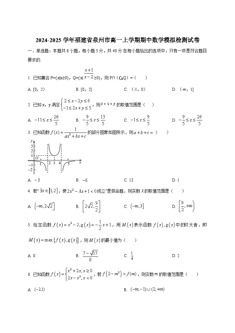2024-2025学年福建省泉州市高一上学期期中数学模拟检测试卷第1页