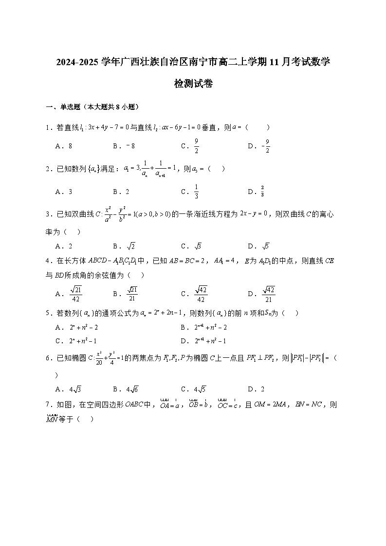 2024-2025学年广西壮族自治区南宁市高二上学期11月考试数学检测试卷（含解析）第1页