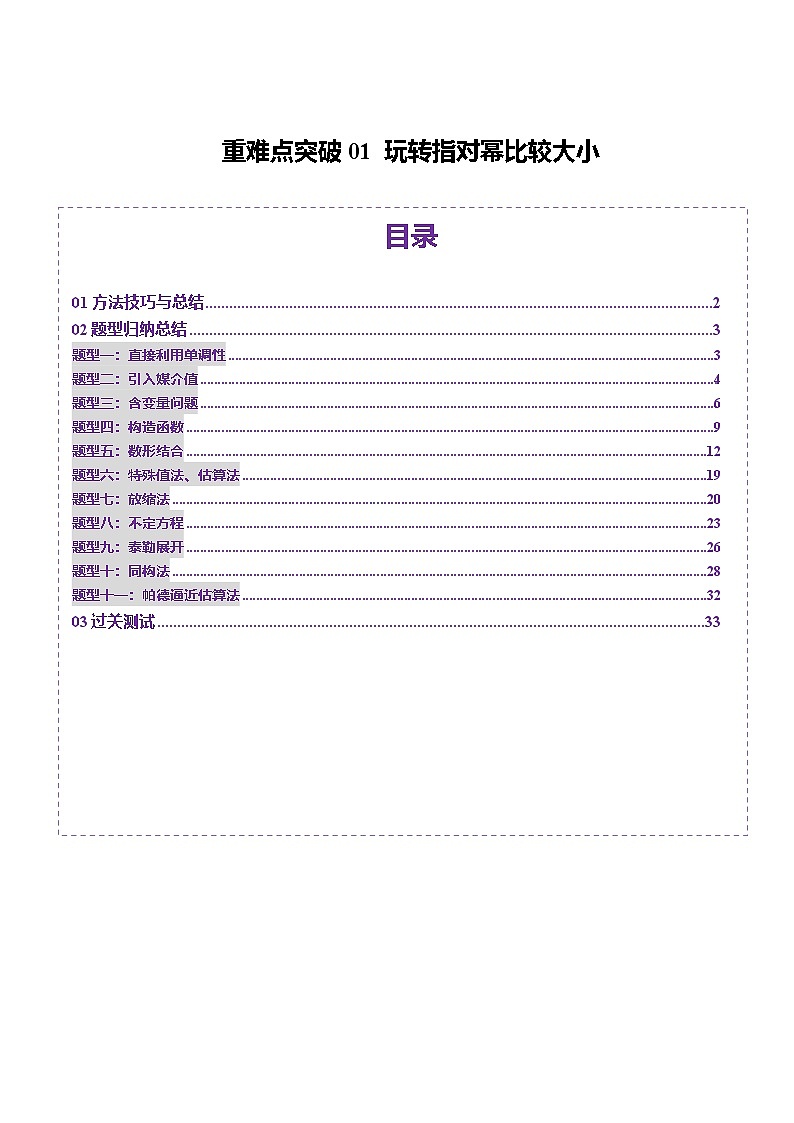 2025年新高考数学一轮复习第3章重难点突破01玩转指对幂比较大小（十一大题型）（教师版）第1页