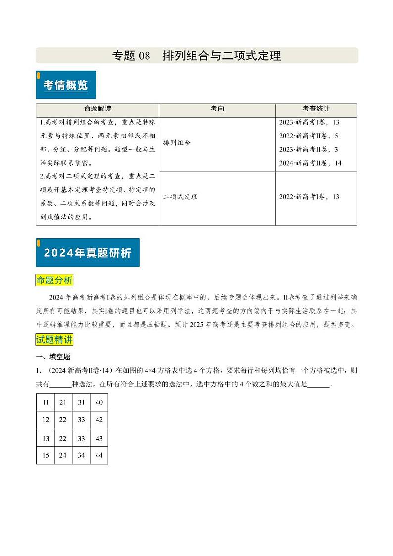 2024年高考数学真题和模拟题汇编 专题08 排列组合与二项式定理（2大考向真题解读）PDF版无答案（可编辑）第1页