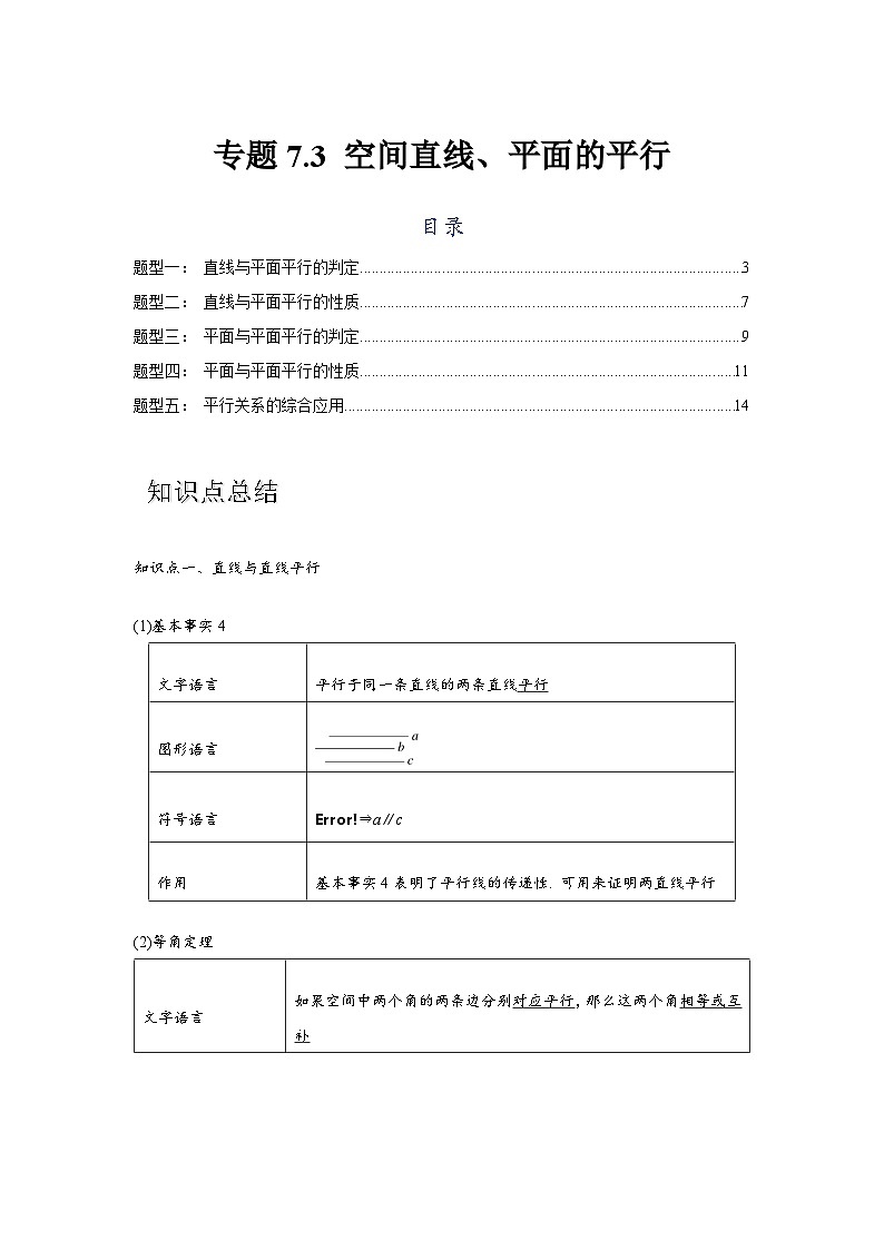 专题7.3 空间直线、平面的平行（原卷版）第1页