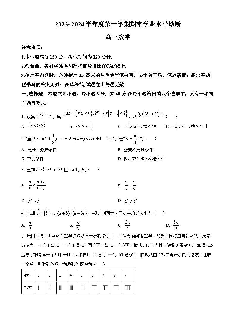 山东省烟台市2024届高三上学期期末考试数学试题第1页