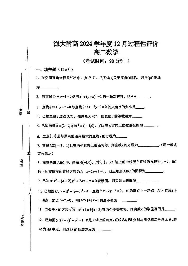 上海海洋大学附属大团高级中学2024-2025学年高二上学期12月过程性评价数学试卷第1页