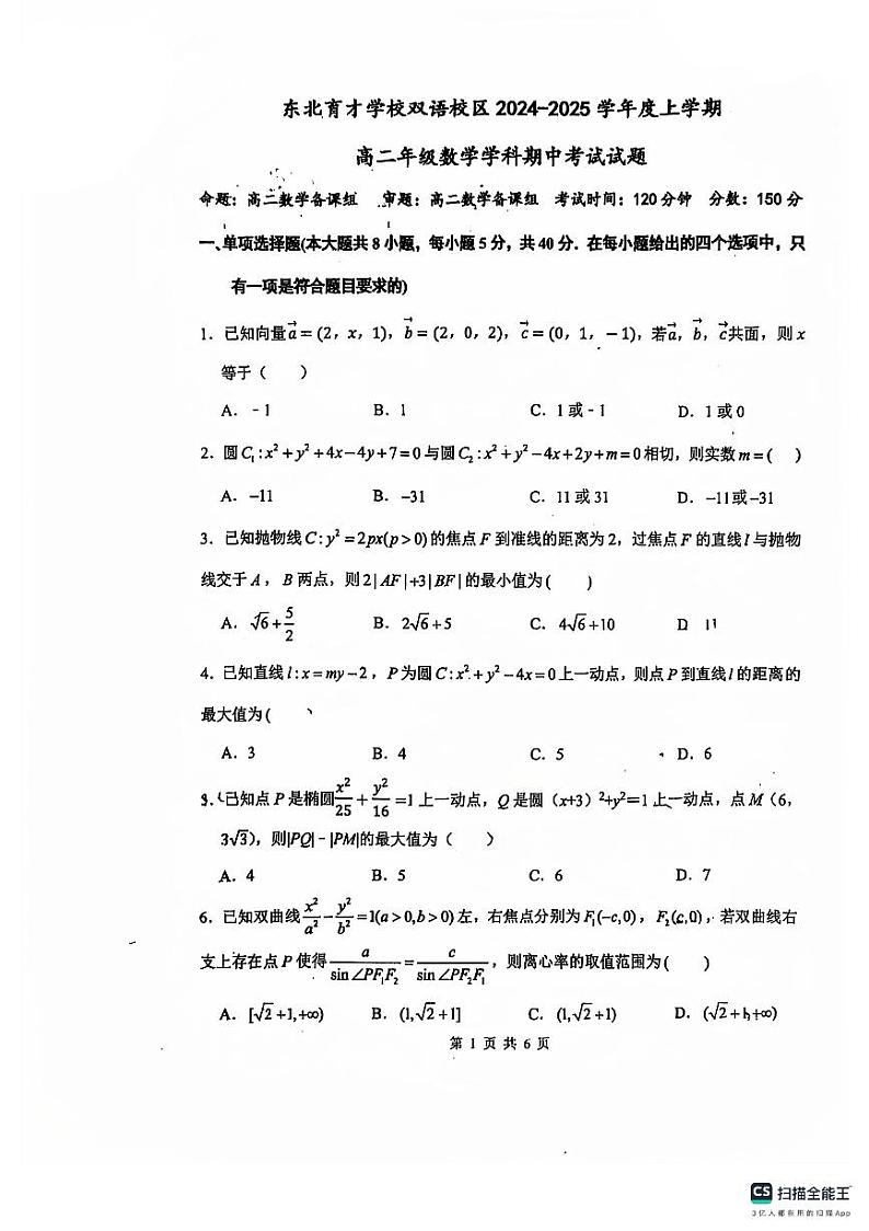 辽宁省沈阳市东北育才学校双语校区2024-2025学年高二上学期期中考试数学试题第1页
