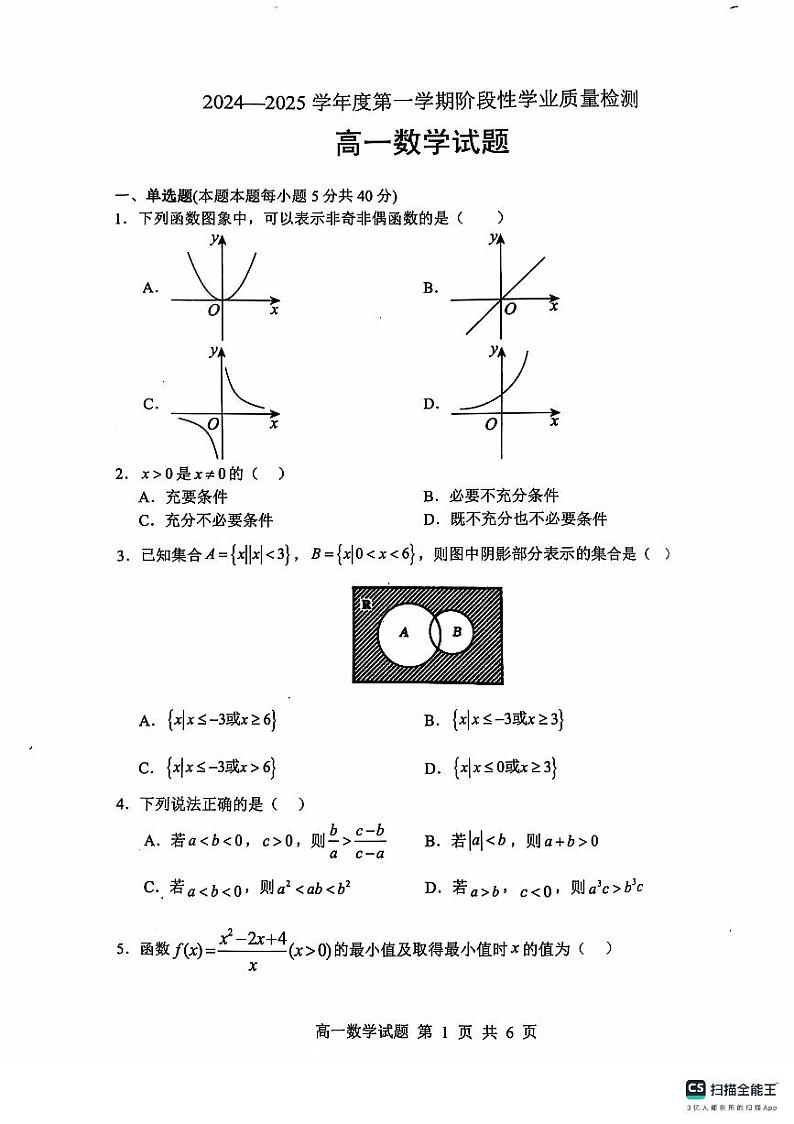 山东省临沂市莒南县2024-2025学年高一上学期期中学业质量检测数学试题第1页