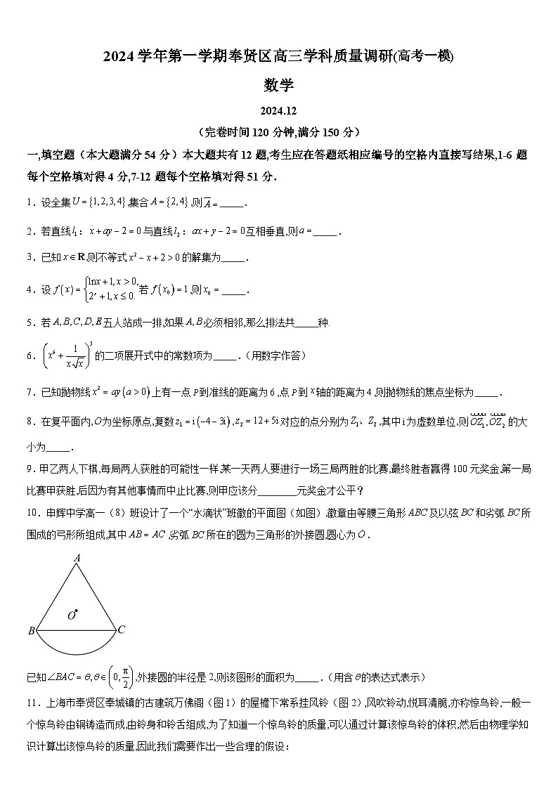 2024-2025学年上海市奉贤区高三上学期高考一模数学试卷含详解第1页