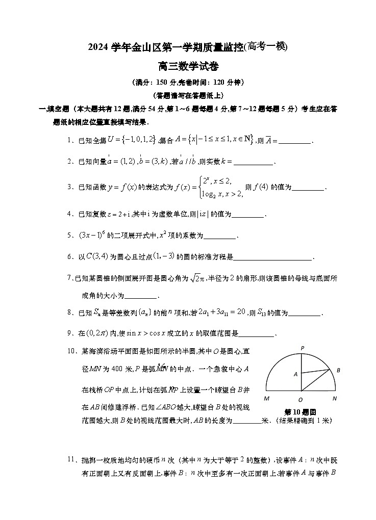 2024-2025学年上海市金山区高三上学期高考一模数学试卷含答案第1页