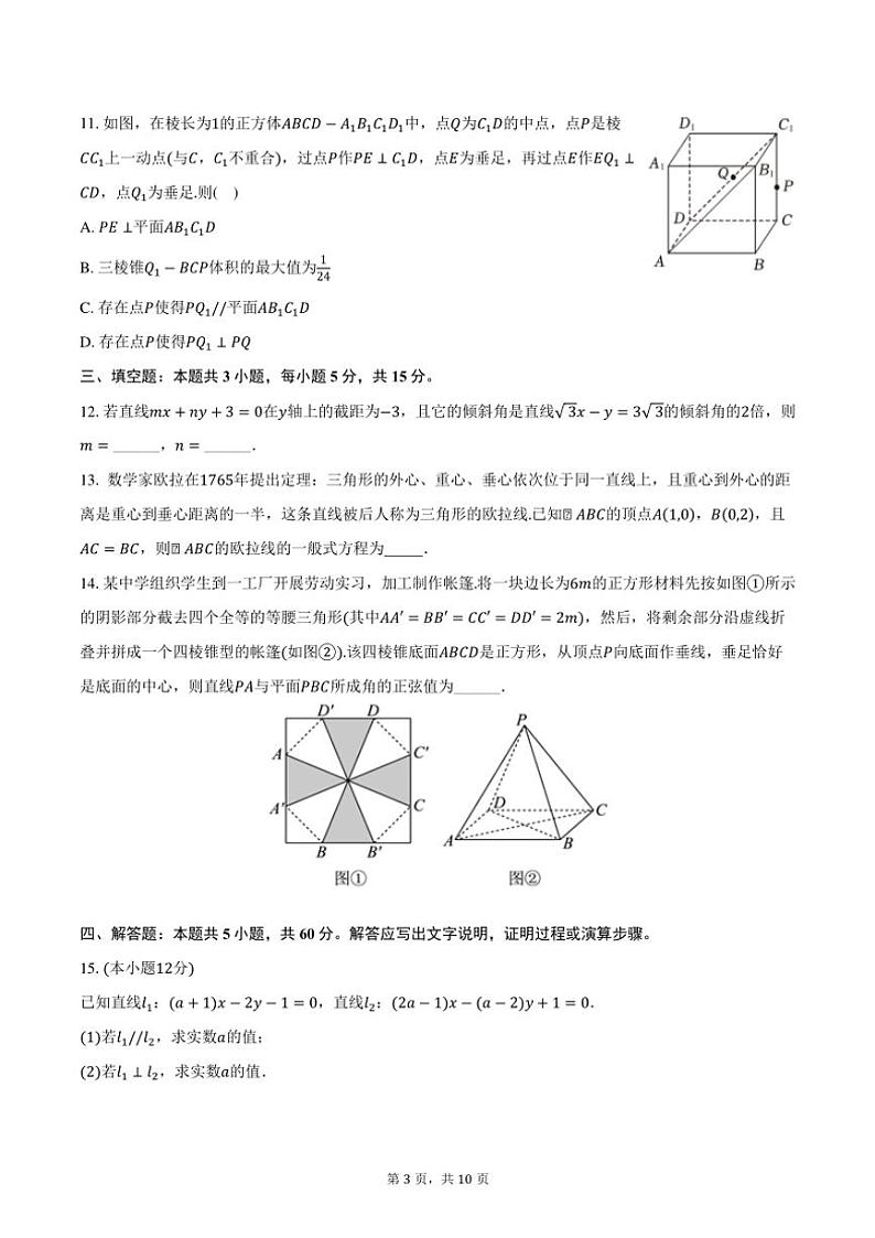 2024～2025学年安徽省阜阳市红旗中学高二(上)期中调研数学试卷(含答案)第3页