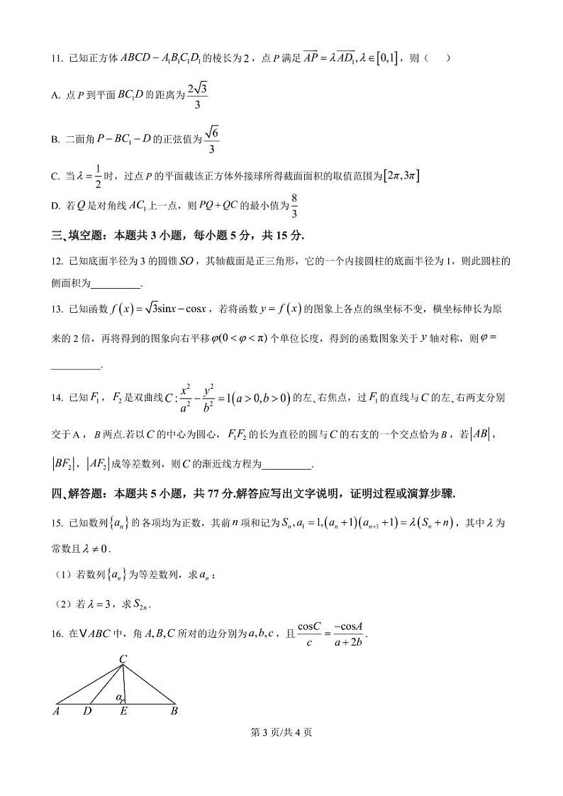 山东省威海市文登区2025届高三上学期高考12月第一次模拟考-数学试题+答案第3页