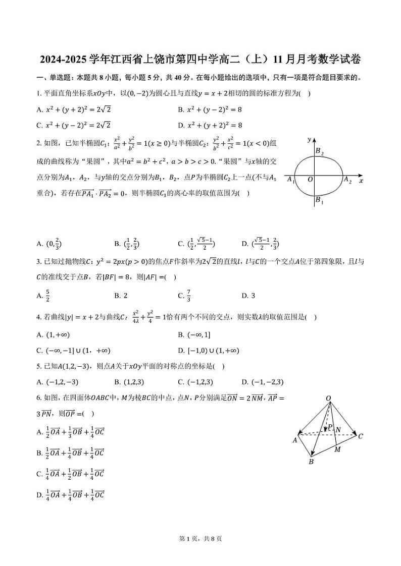 2024-2025学年江西省上饶市第四中学高二（上）11月月考数学试卷（含答案）第1页