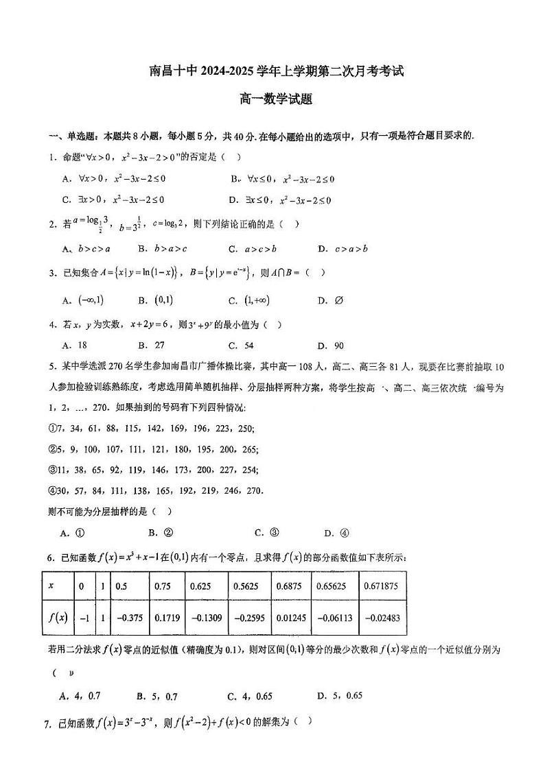 江西省南昌市第十中学2024-2025学年高一上学期第二次月考数学试题第1页
