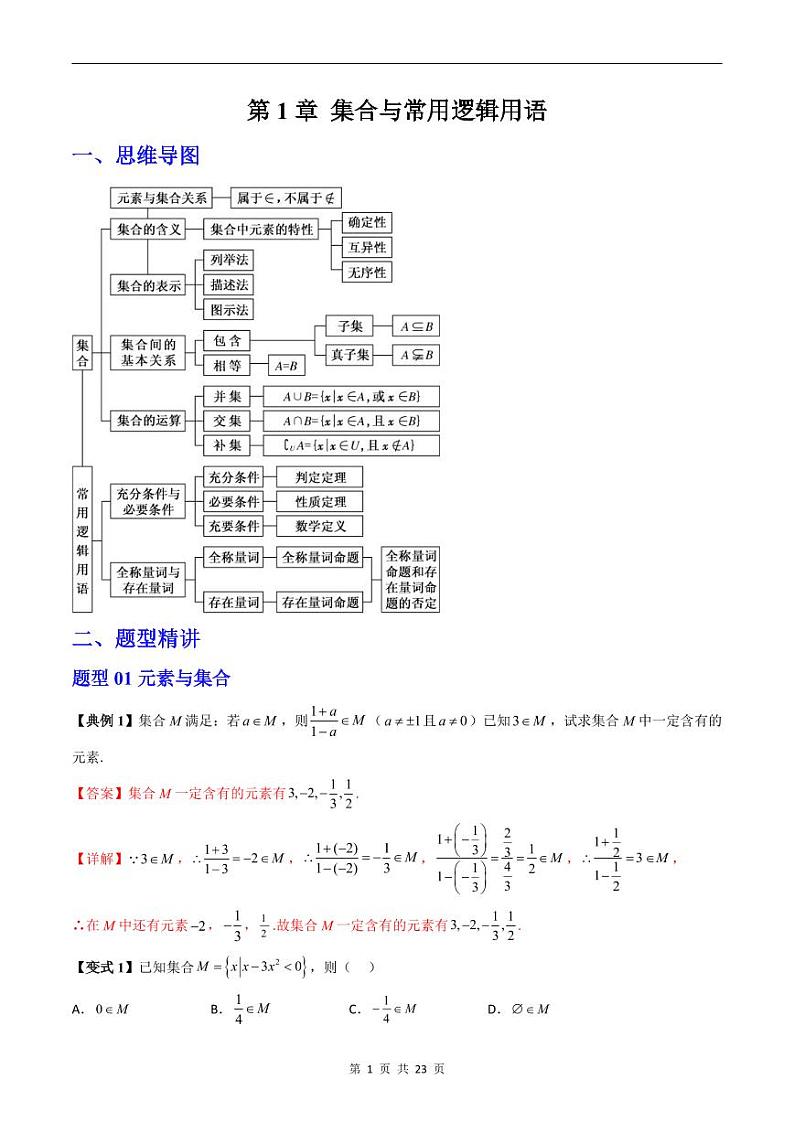 人教A版高中数学(必修第一册)期末复习 第1章 集合与常用逻辑用语+提升训练（教师版）第1页