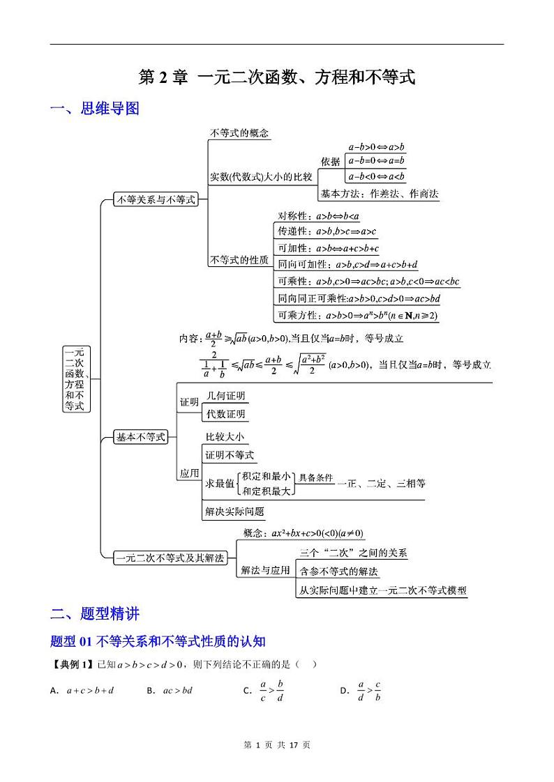 人教A版高中数学(必修第一册)期末复习 第2章 一元二次函数、方程和不等式+提升训练（教师版）第1页