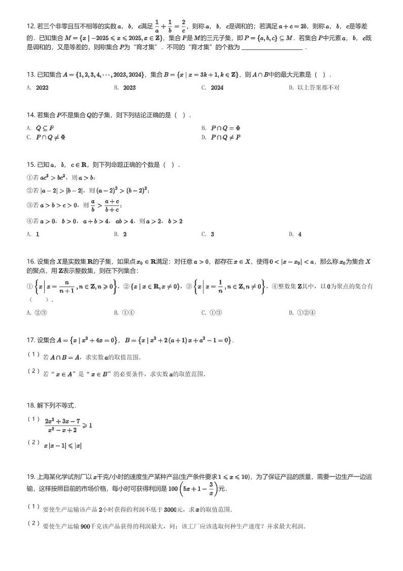 2024～2025学年上海嘉定区上海市育才中学高一(上)期中数学试卷(含解析)第2页