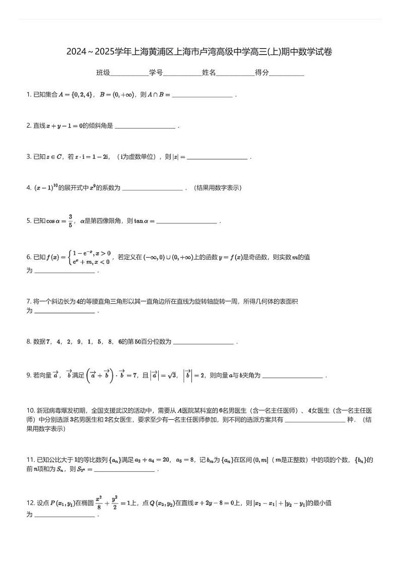 2024～2025学年上海黄浦区上海市卢湾高级中学高三(上)期中数学试卷(含解析)第1页