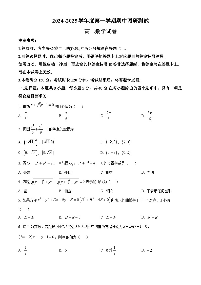 江苏省宿迁市沭阳县2024-2025学年高二上学期11月期中考试数学试题  Word版无答案第1页