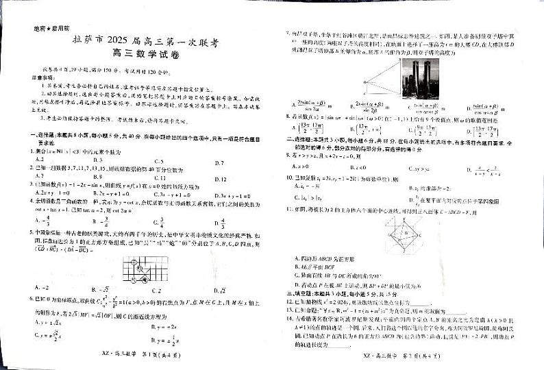 西藏自治区拉萨市2025届高三上学期一模数学试题（PDF版附解析）第1页