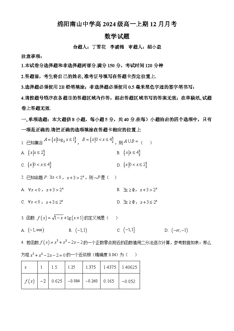 四川省绵阳市南山中学2024-2025学年高一上学期12月月考数学试题 Word版无答案第1页