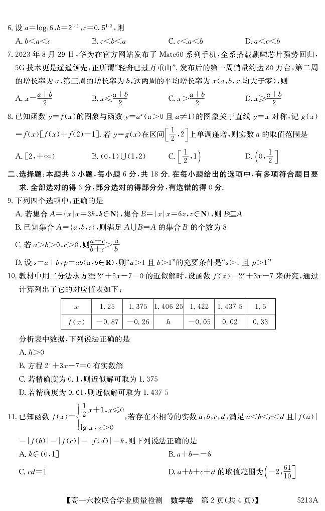 广东省六校（茂名一中，惠州一中，河源一中等）2024-2025学年高一上学期12月联合考试数学试题第2页