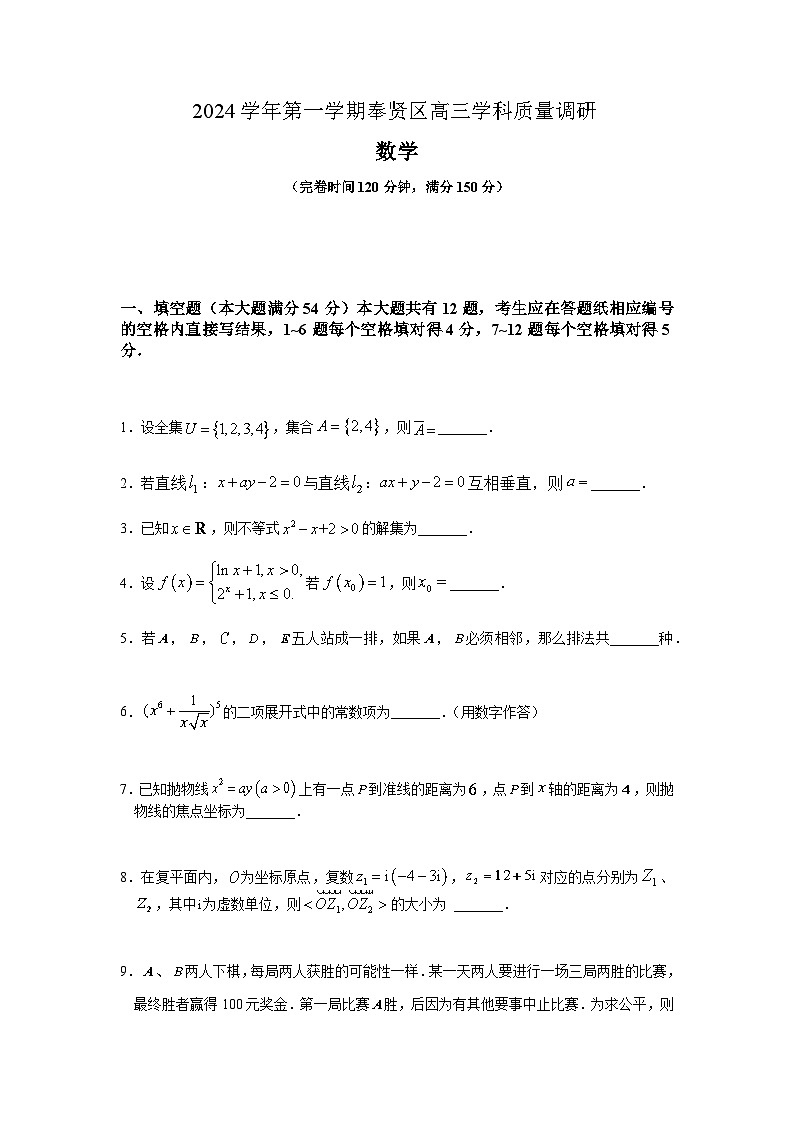 上海市奉贤区2024-2025学年高三上学期一模数学试题（含答案）第1页