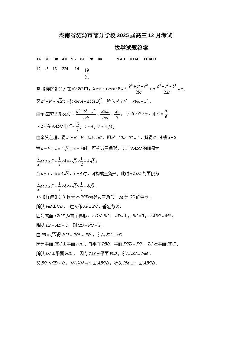 湖南省娄底市涟源市部分学校2025届高三上学期12月月考数学试题答案第1页
