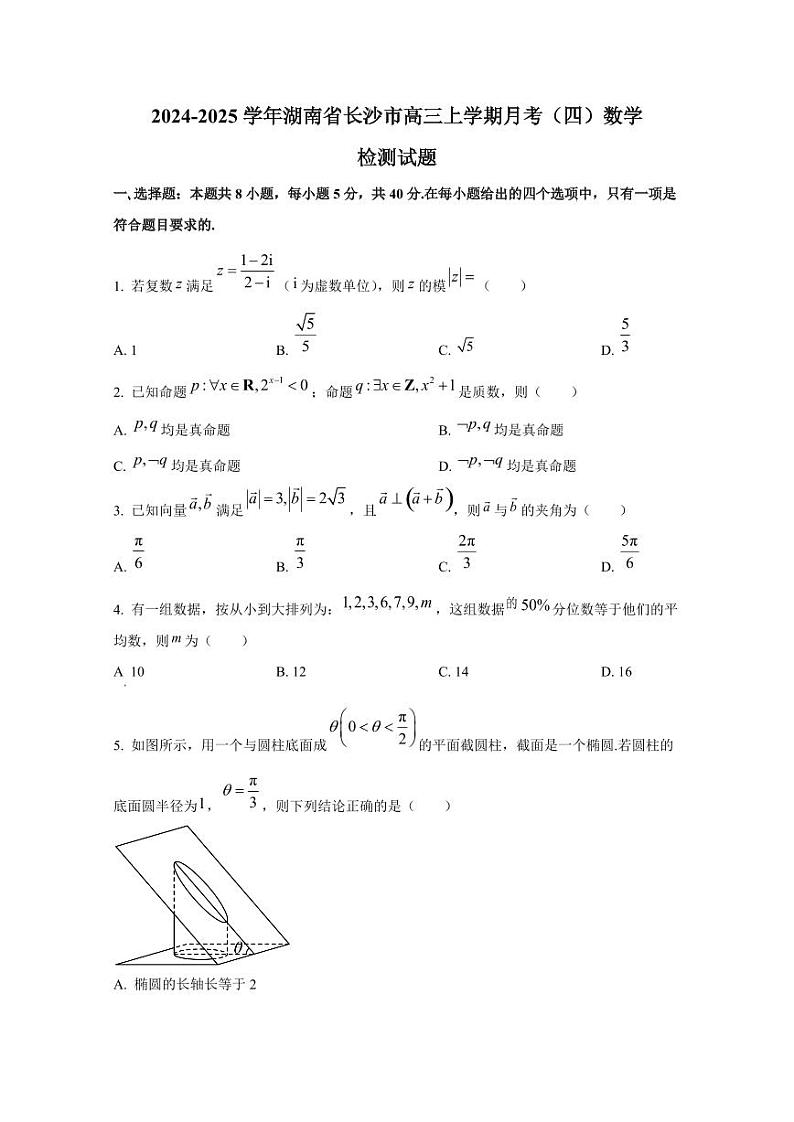 2024-2025学年湖南省长沙市高三上学期月考（四）数学检测试题（含答案）第1页