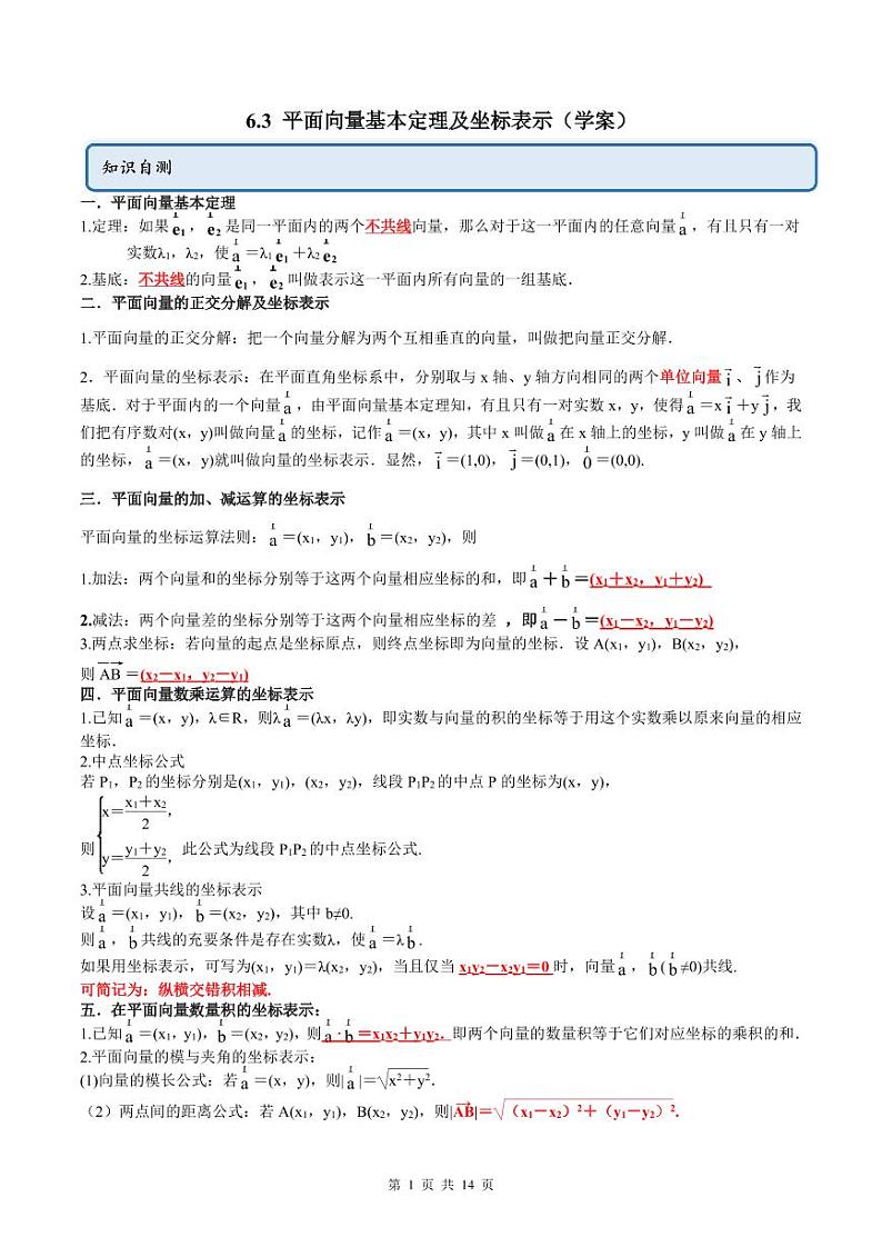 人教A版高中数学必修第二册同步讲练测 6.3 平面向量基本定理及坐标表示（原卷版）第1页
