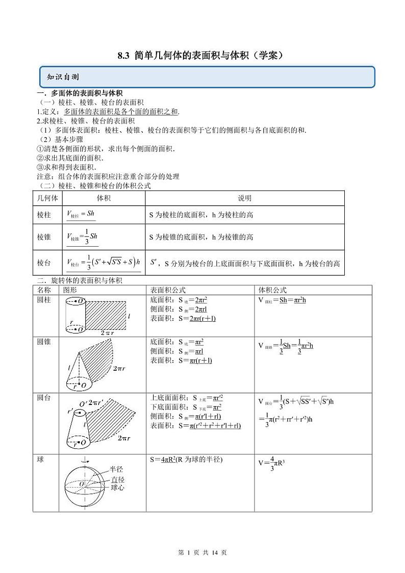 人教A版高中数学必修第二册同步讲练测 8.3 简单几何体的表面积与体积（原卷版）第1页