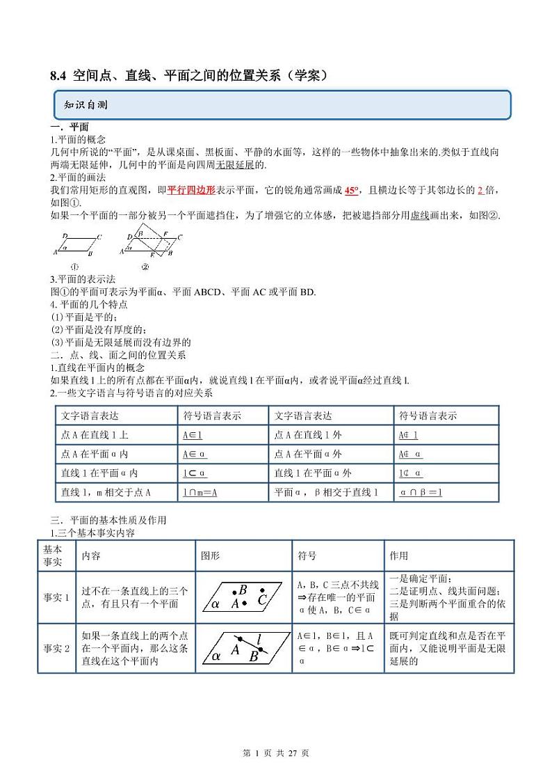 人教A版高中数学必修第二册同步讲练测 8.4 空间点、直线、平面之间的位置关系（教师版）第1页