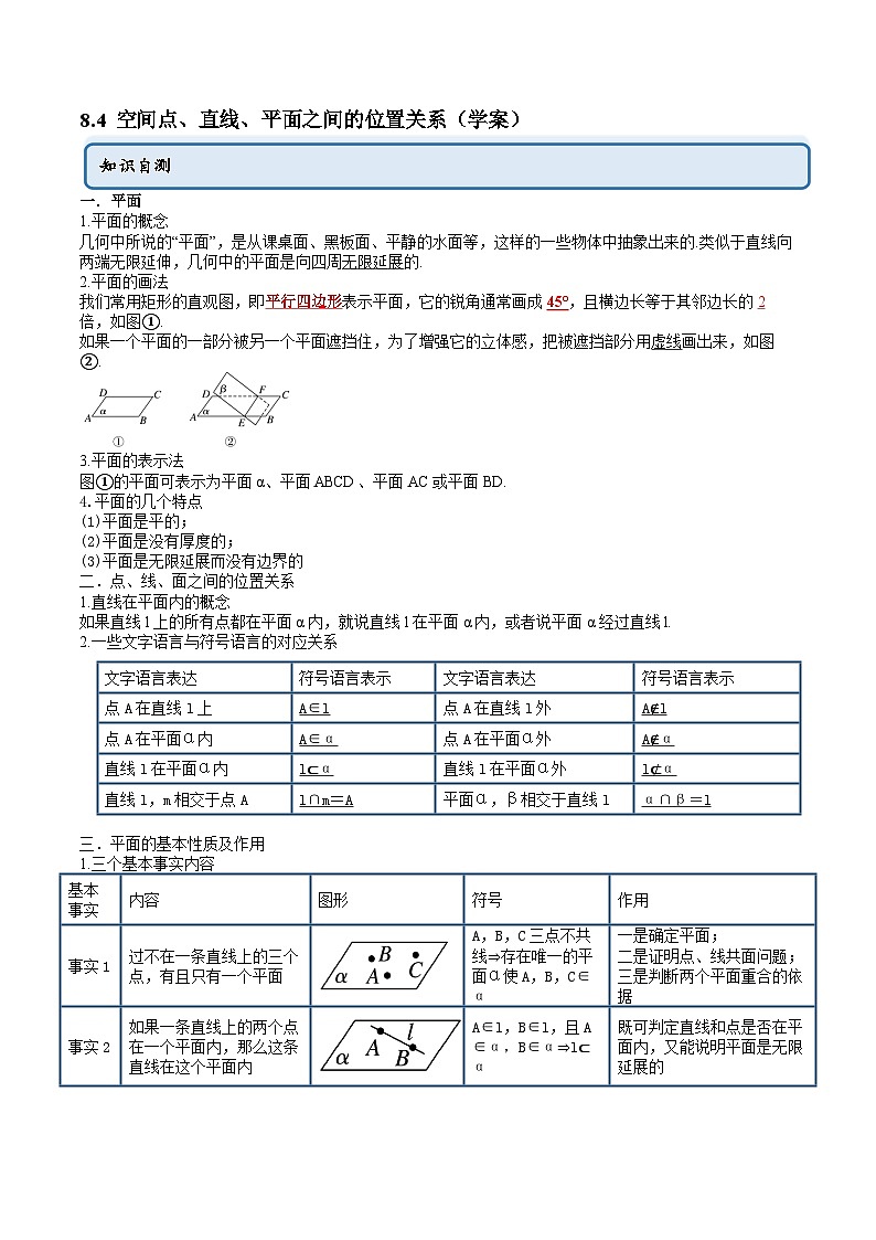 人教A版高中数学必修第二册同步讲练测 8.4 空间点、直线、平面之间的位置关系（原卷版）第1页
