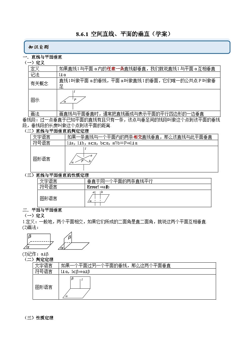 人教A版高中数学必修第二册同步讲练测 8.6.1 空间直线、平面的垂直（原卷版）第1页