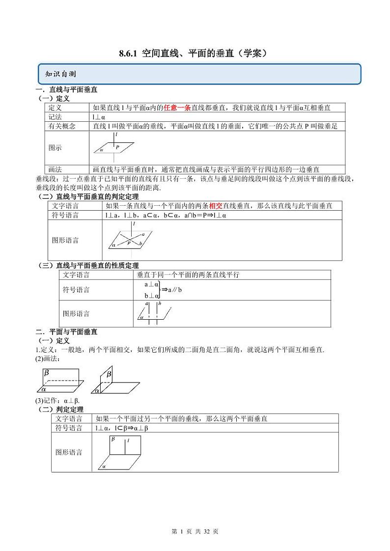 人教A版高中数学必修第二册同步讲练测 8.6.1 空间直线、平面的垂直（教师版）第1页